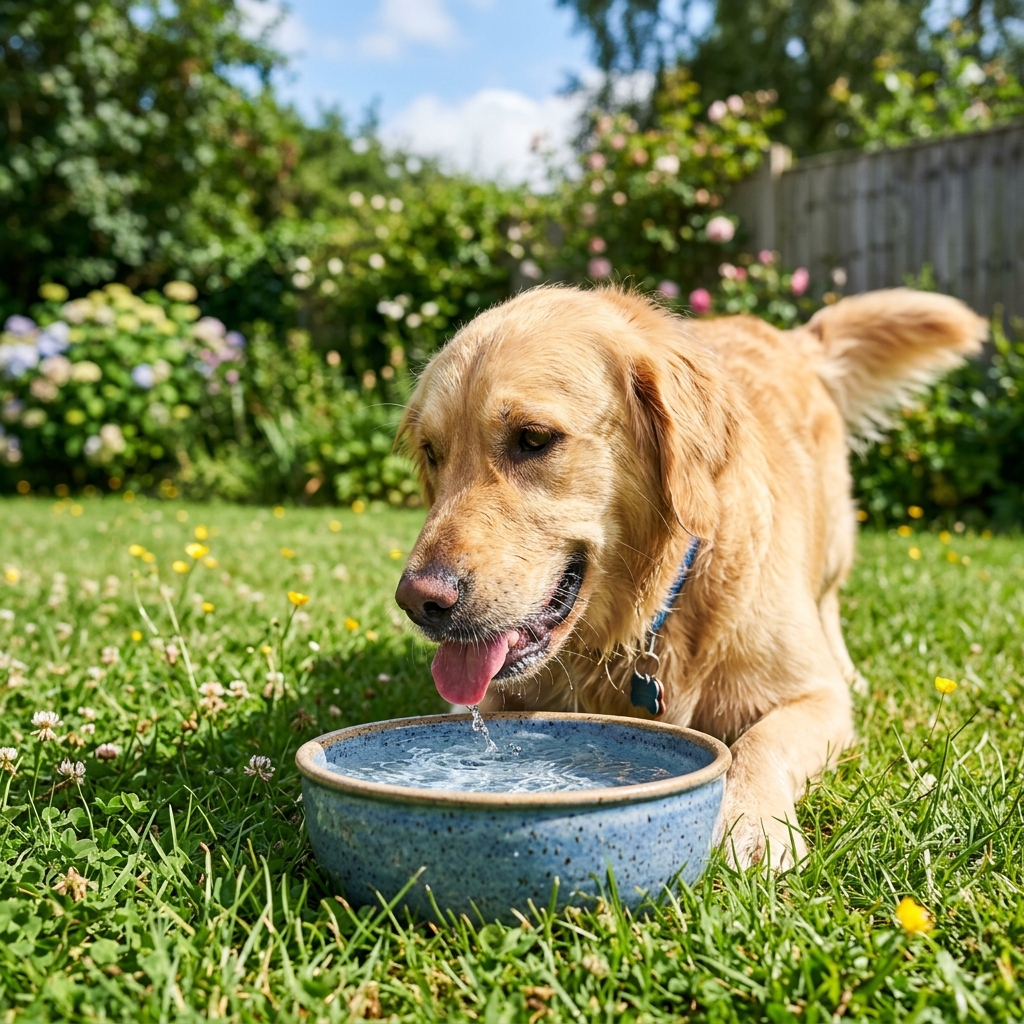 Chien qui boit de l'eau en été